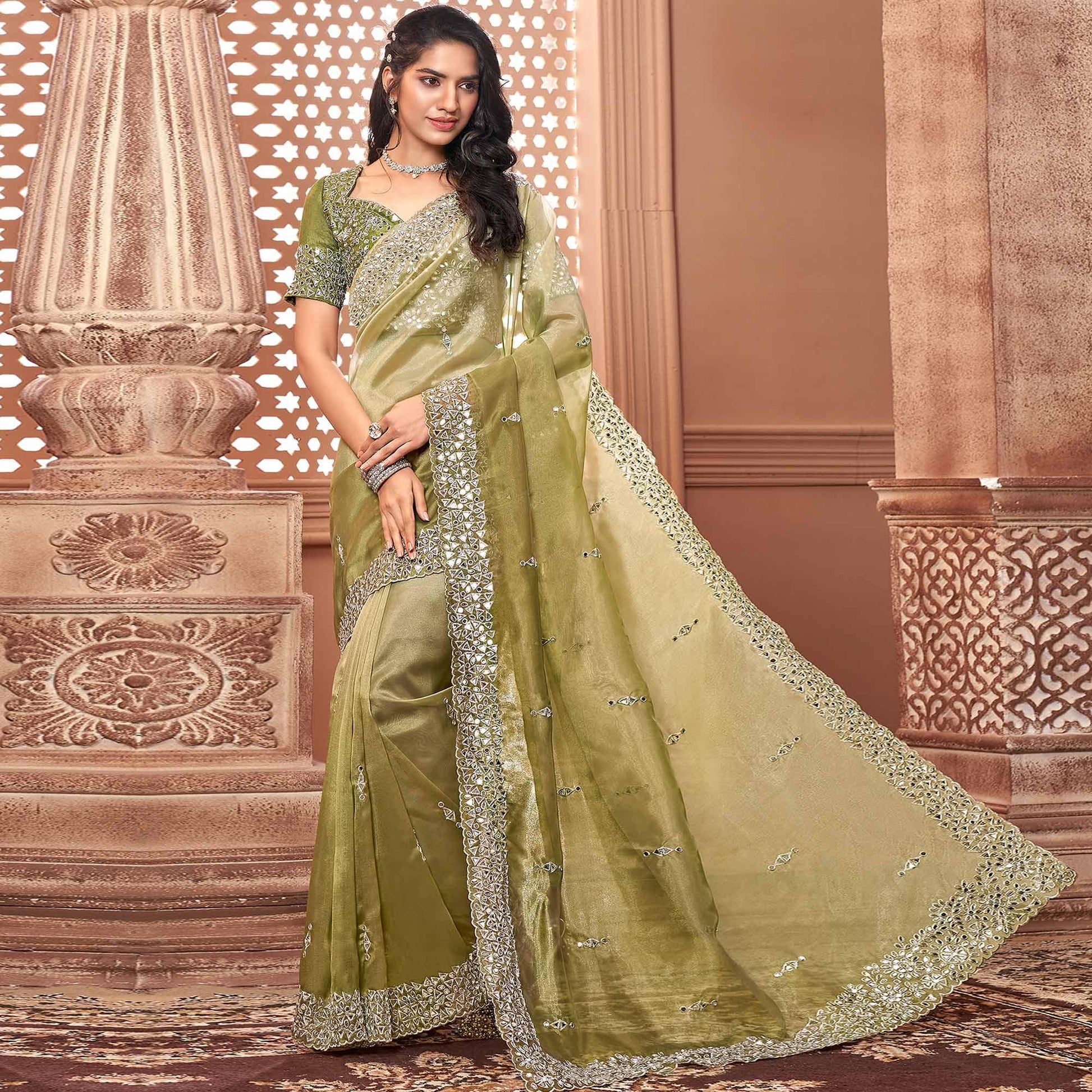 green-partywear-mirror-work-embroidered-organza-saree-136874