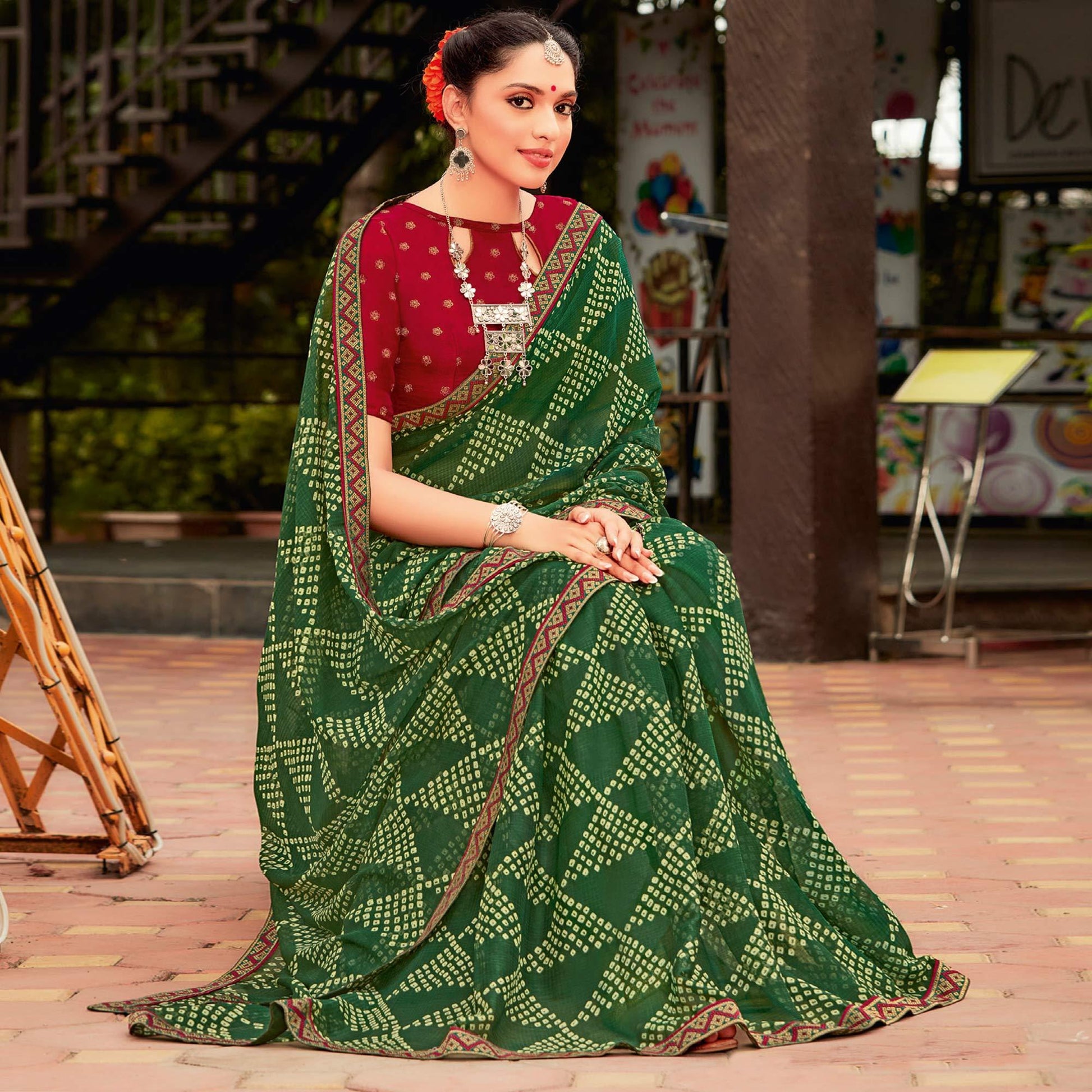 green-partywear-printed-chiffon-saree-with-border-112411