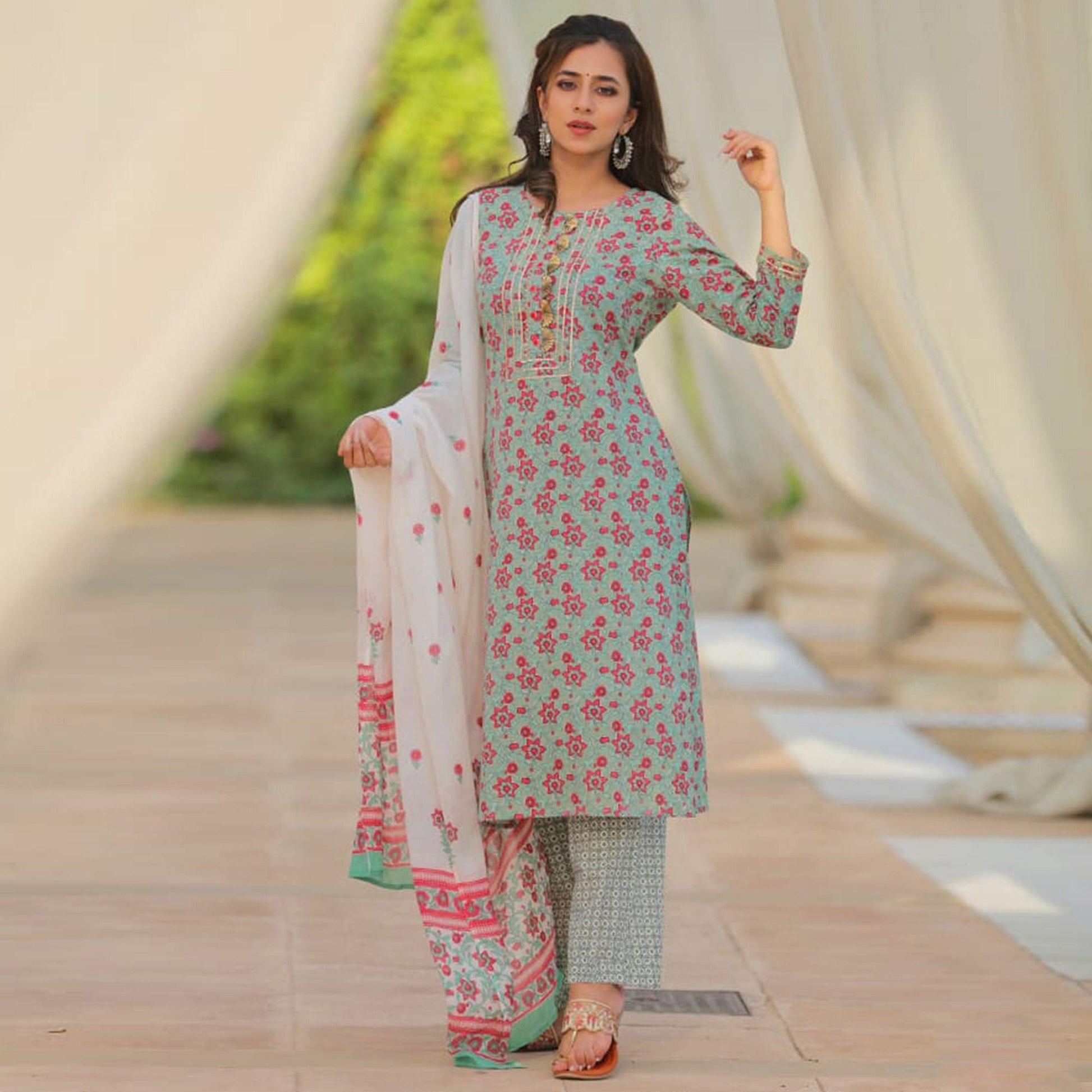 green-partywear-printed-with-gotti-patta-cotton-kurti-pant-set-141843