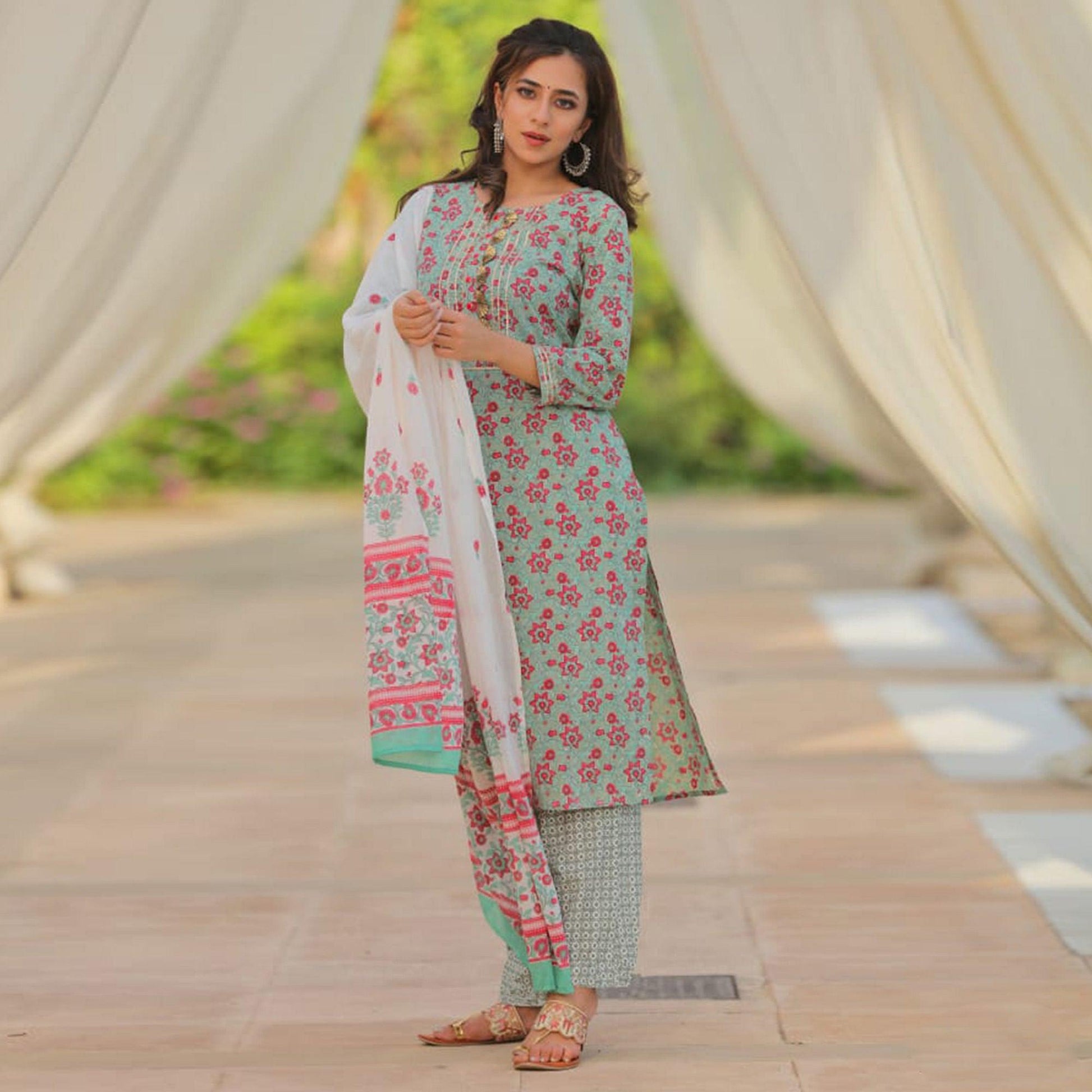 green-partywear-printed-with-gotti-patta-cotton-kurti-pant-set-141843