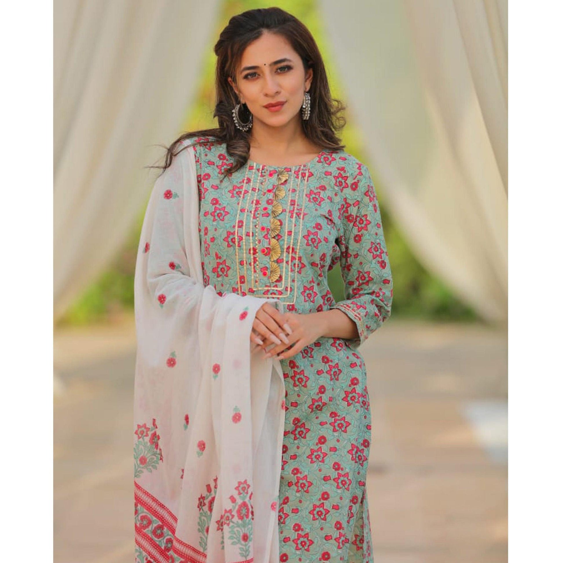 green-partywear-printed-with-gotti-patta-cotton-kurti-pant-set-141843