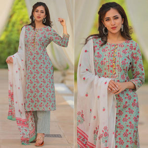 green-partywear-printed-with-gotti-patta-cotton-kurti-pant-set-141843