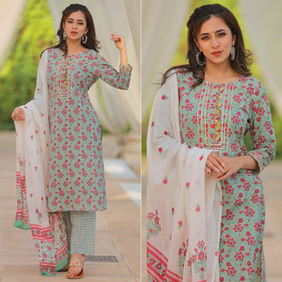 green-partywear-printed-with-gotti-patta-cotton-kurti-pant-set-141843