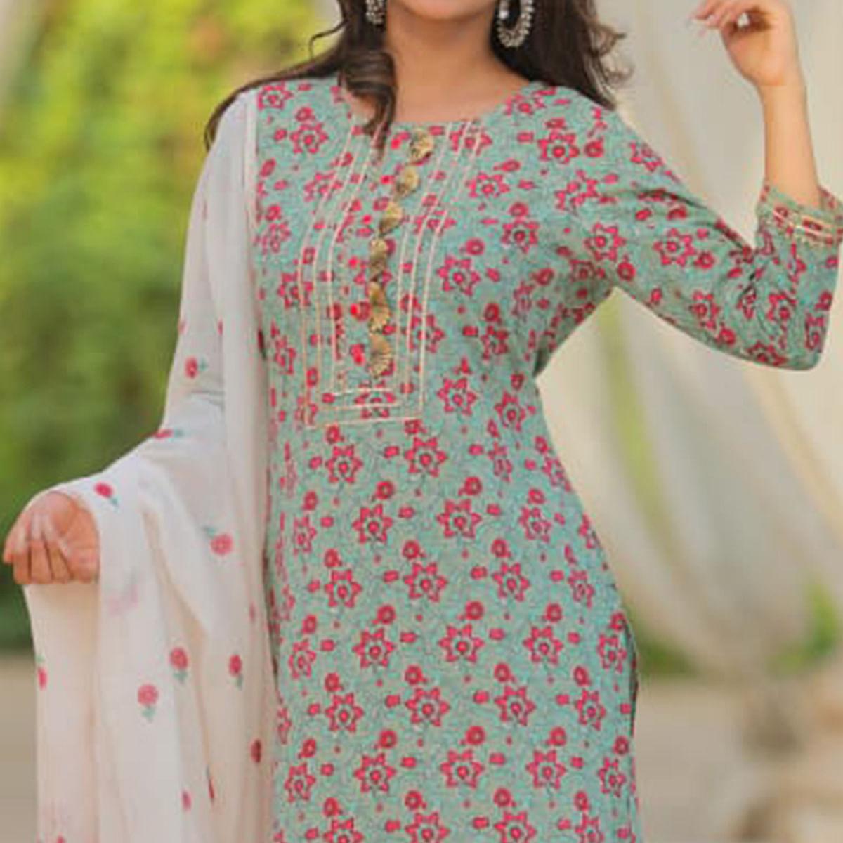 green-partywear-printed-with-gotti-patta-cotton-kurti-pant-set-141843