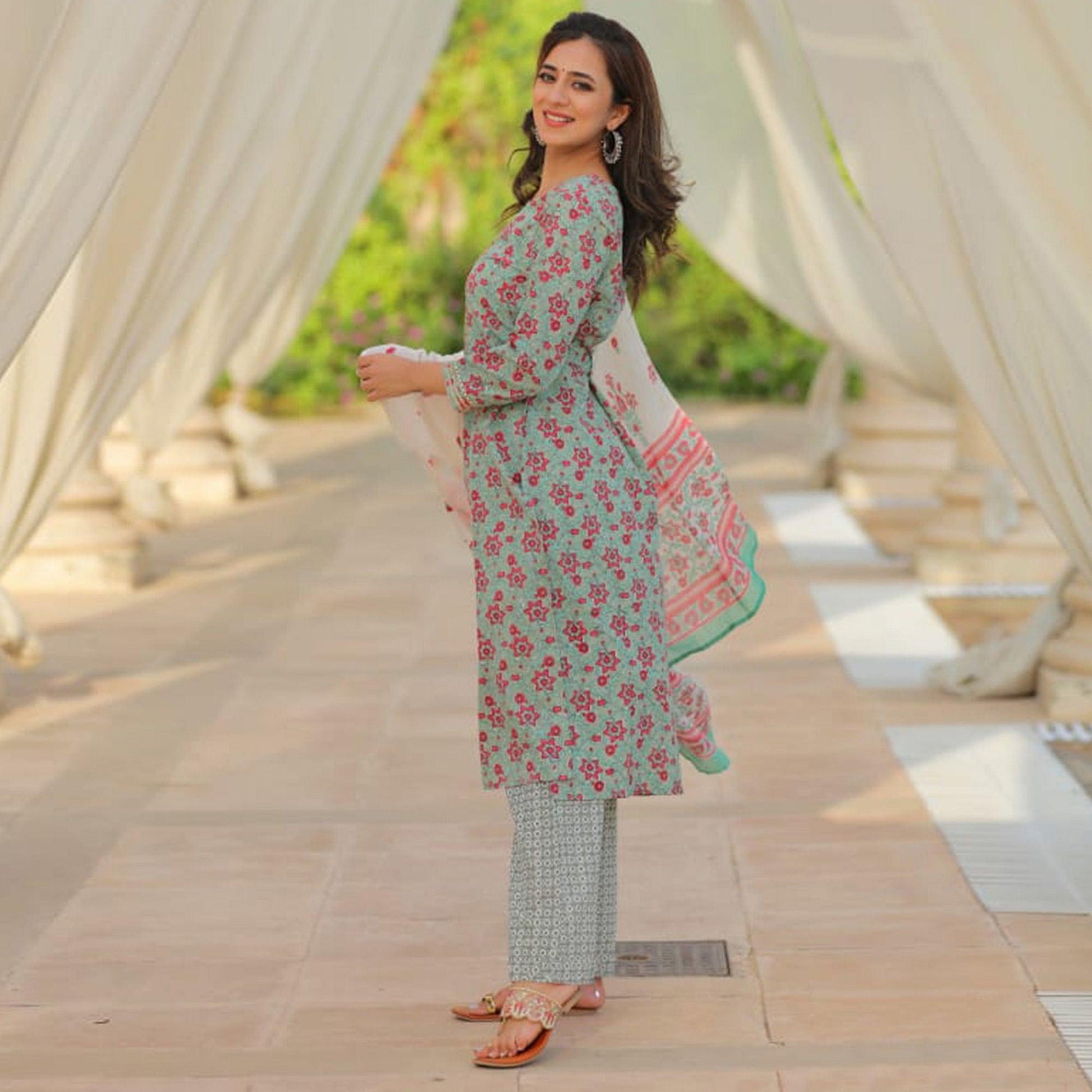 green-partywear-printed-with-gotti-patta-cotton-kurti-pant-set-141843