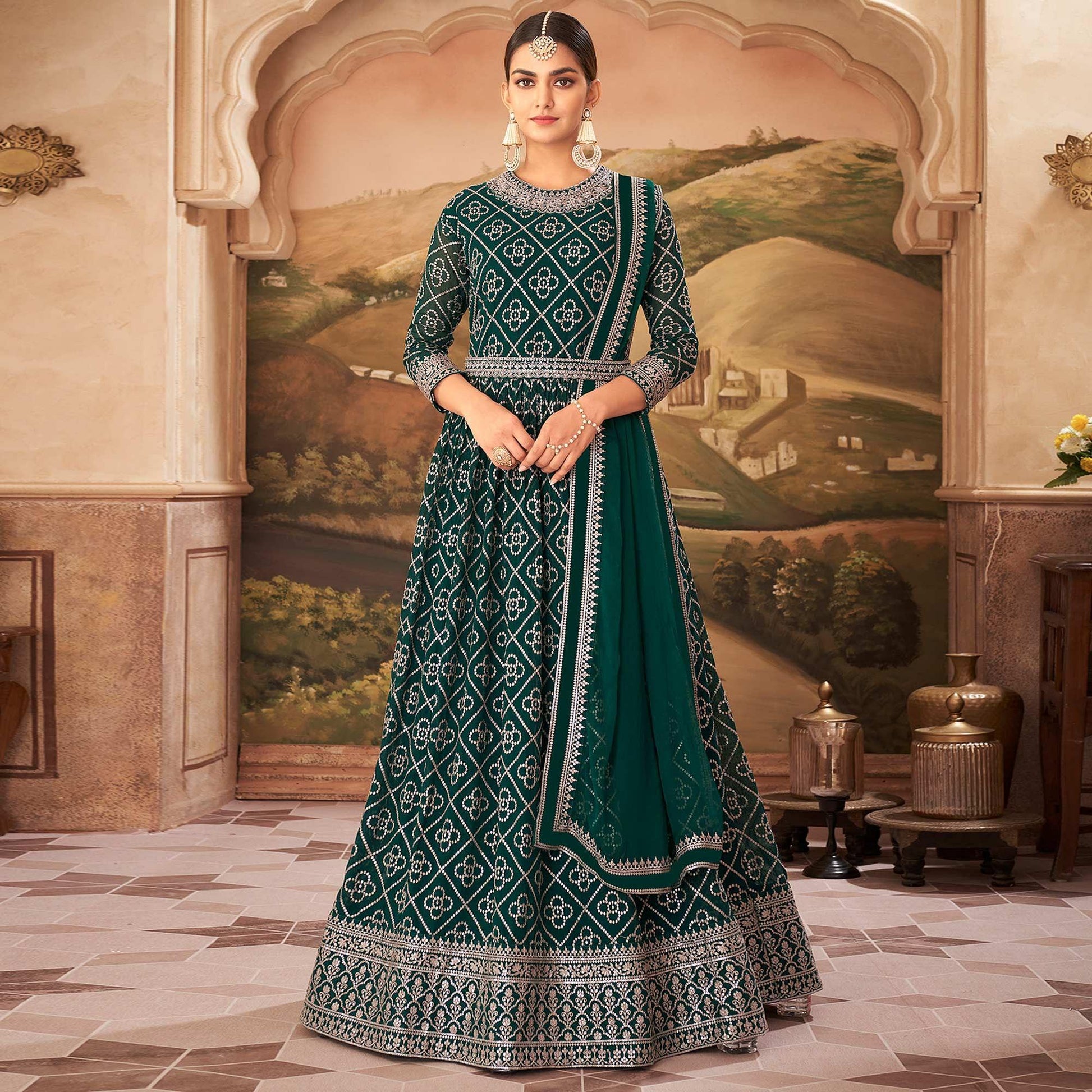 green-partywear-sequence-embroidered-georgette-gown-142370