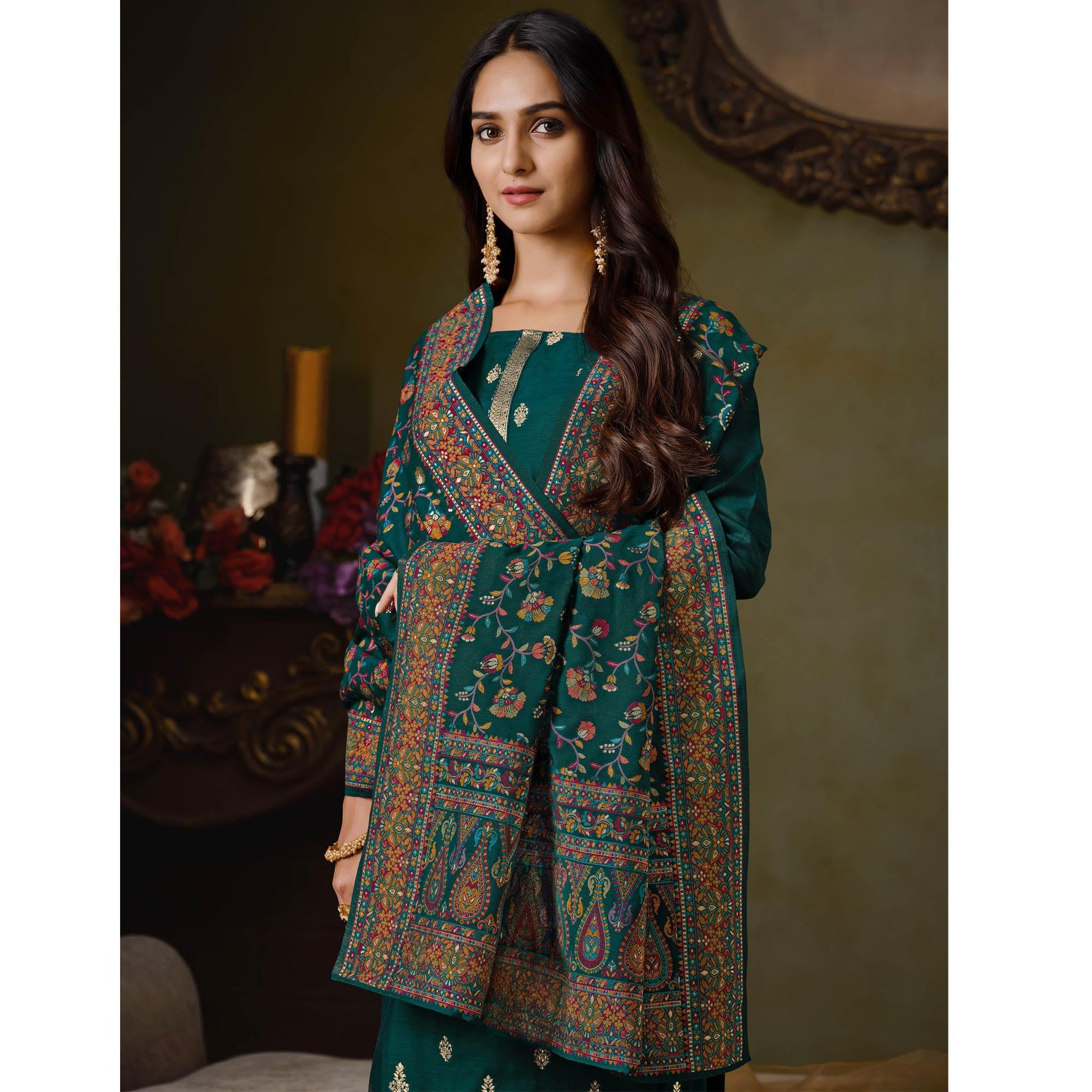 green-partywear-swarovski-work-silk-jacquard-palazzo-suit-127290