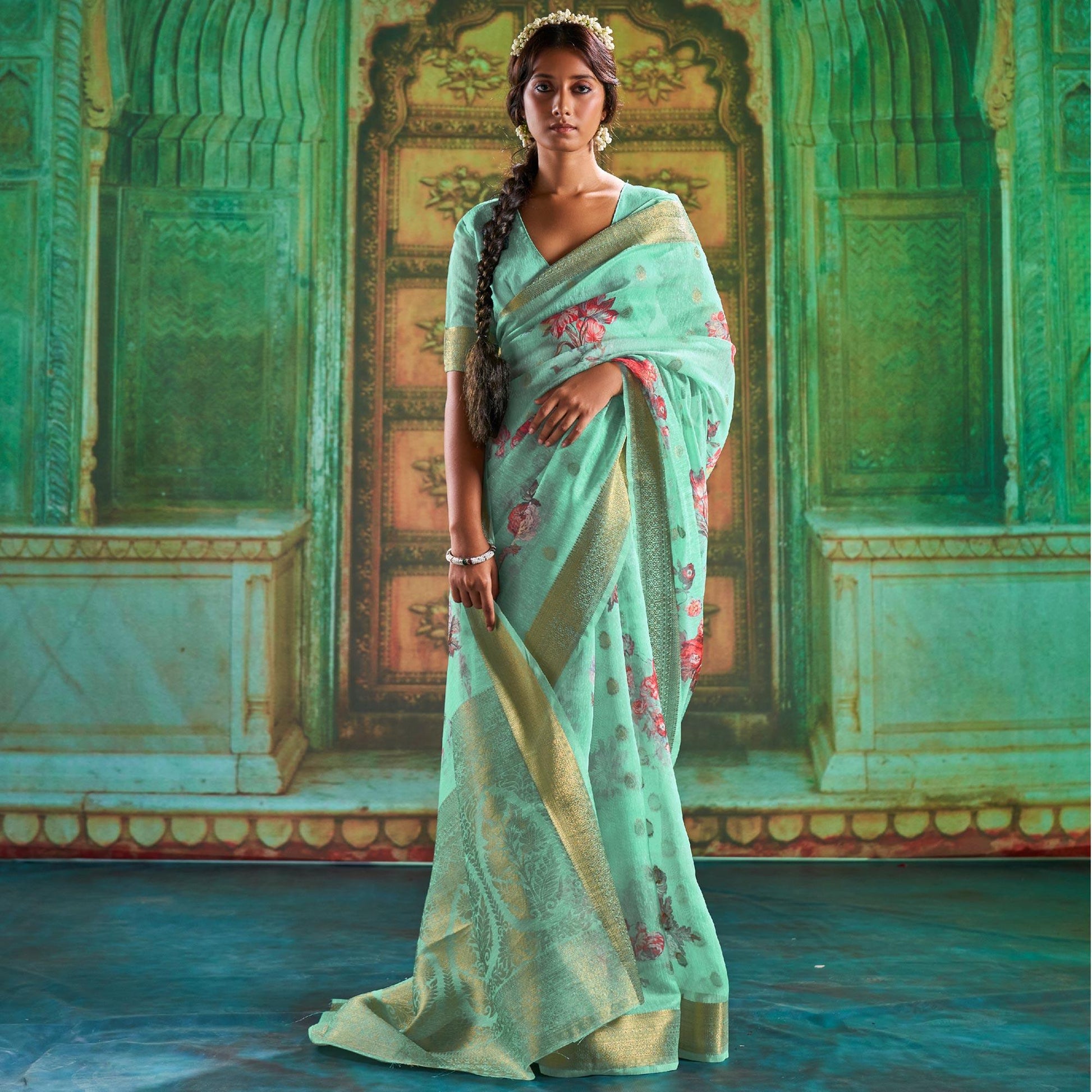 green-partywear-wear-digital-floral-taspa-linen-silk-saree-127296