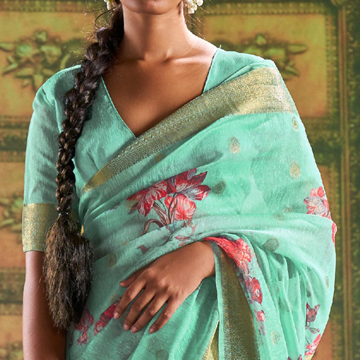 green-partywear-wear-digital-floral-taspa-linen-silk-saree-127296