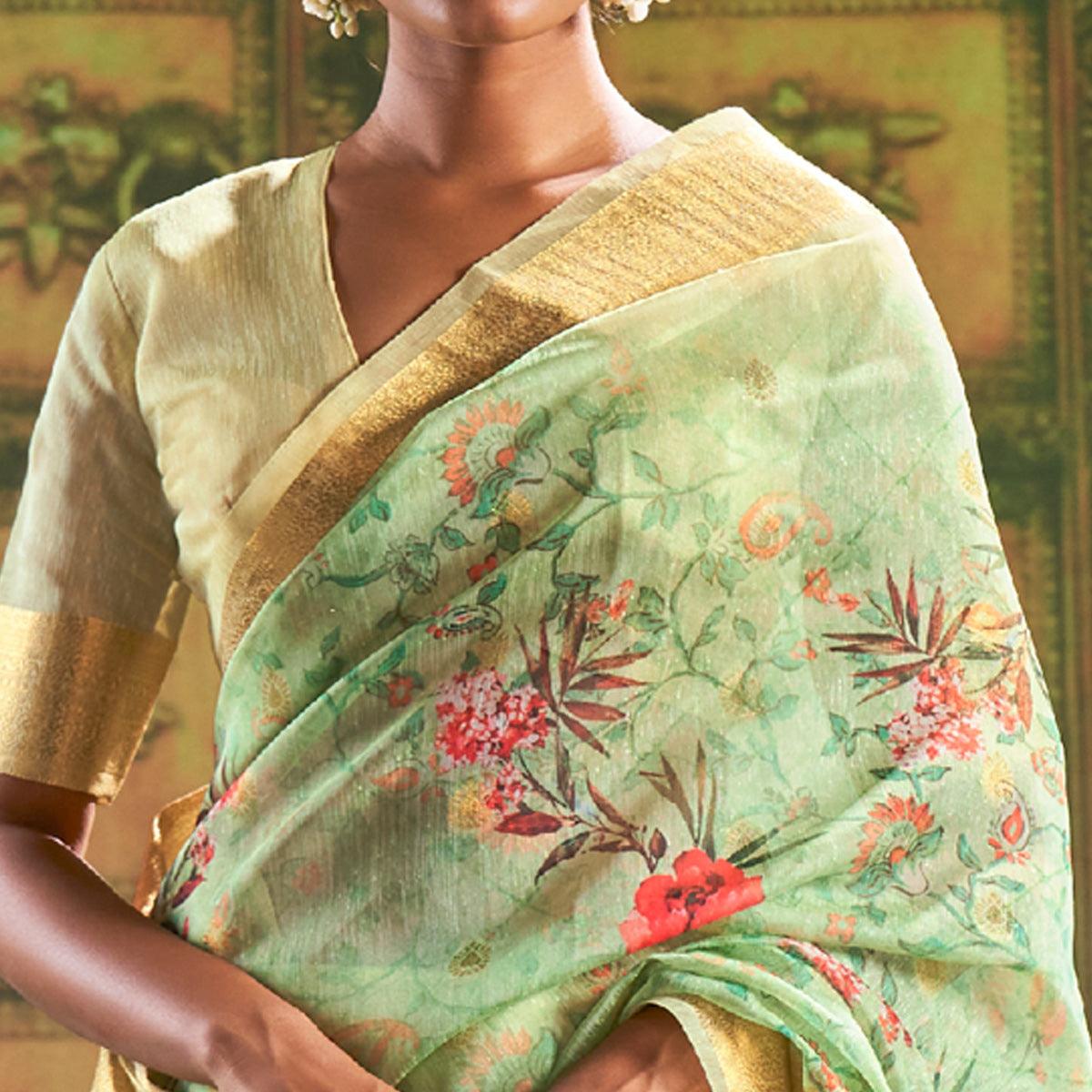 green-partywear-wear-digital-floral-taspa-linen-silk-saree-127299