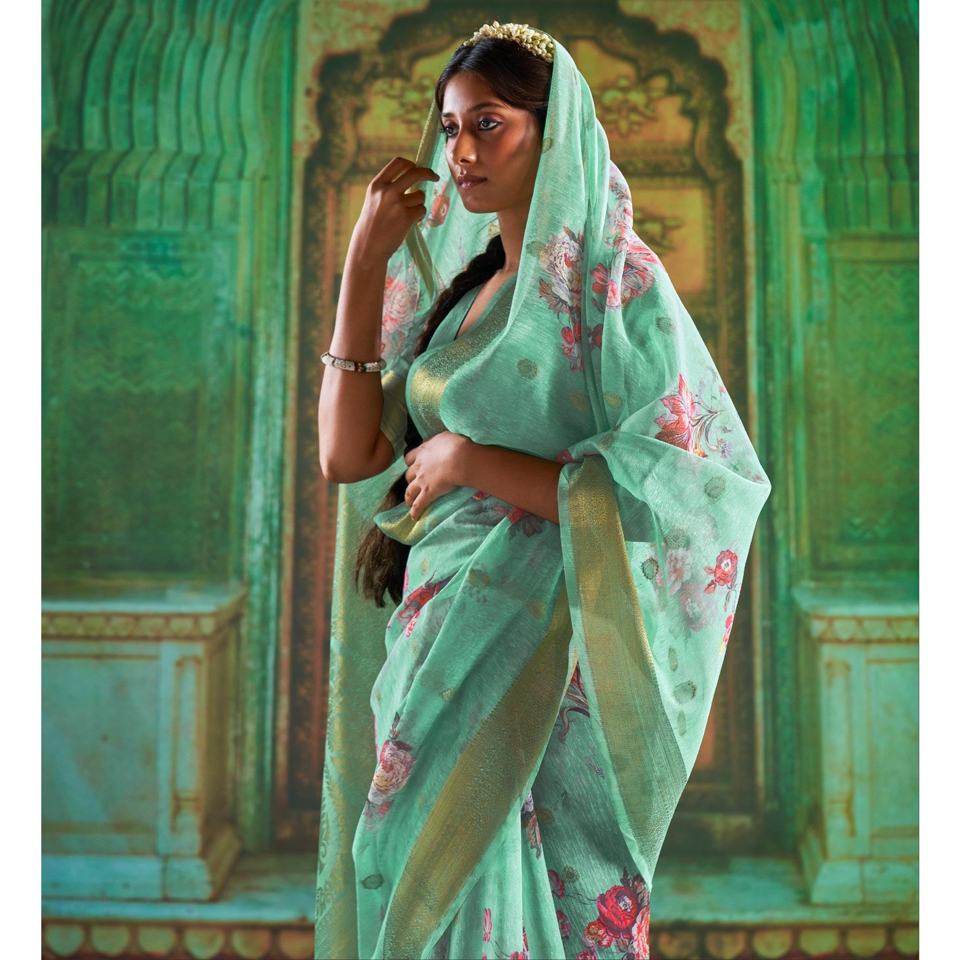 green-partywear-wear-digital-floral-taspa-linen-silk-saree-127296