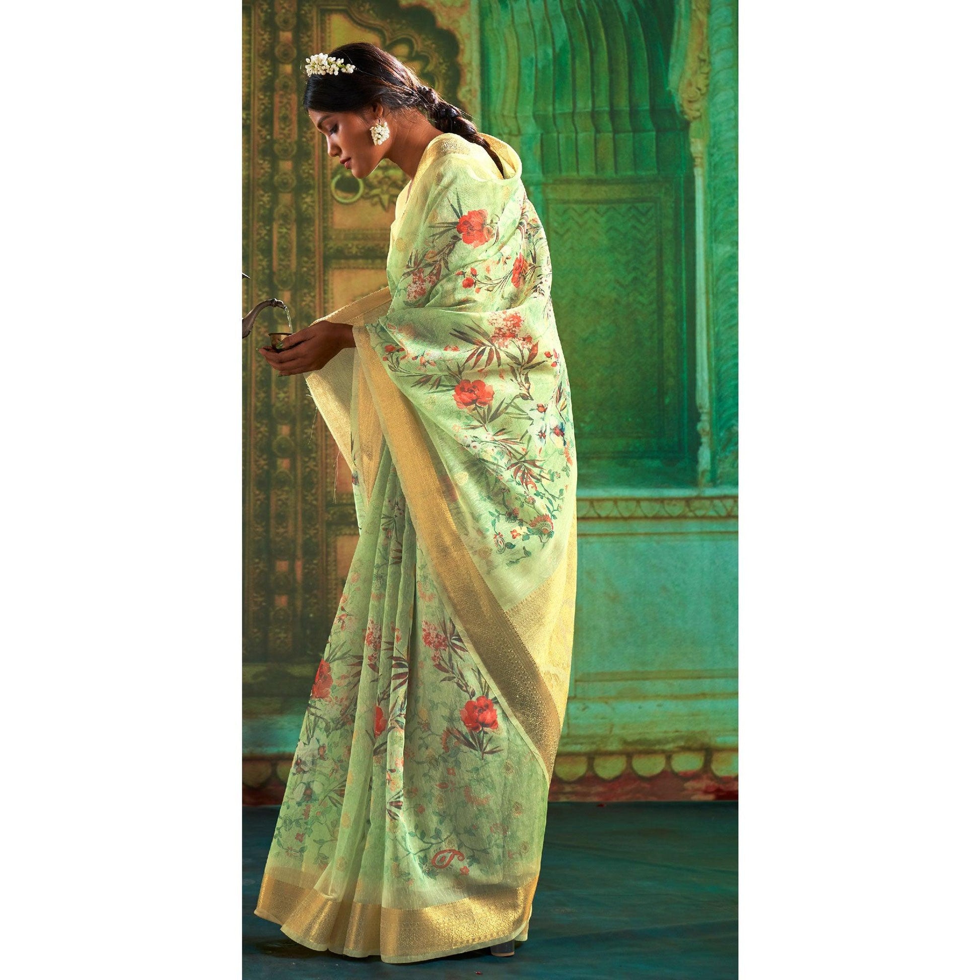 green-partywear-wear-digital-floral-taspa-linen-silk-saree-127299
