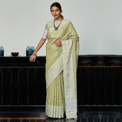 green-partywear-woven-linen-saree-123397