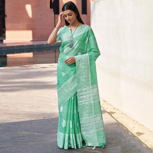 green-partywear-woven-linen-saree-127424