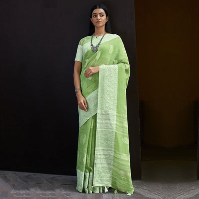 green-partywear-woven-linen-saree-127428