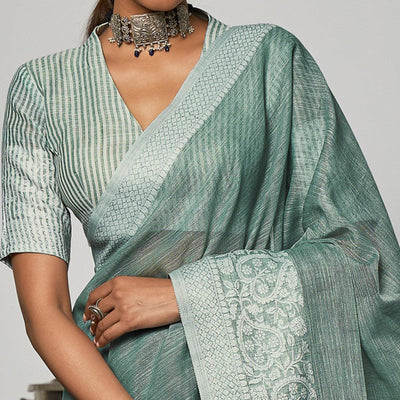 green-partywear-woven-linen-saree-123394