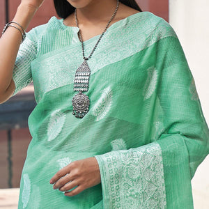 green-partywear-woven-linen-saree-127424