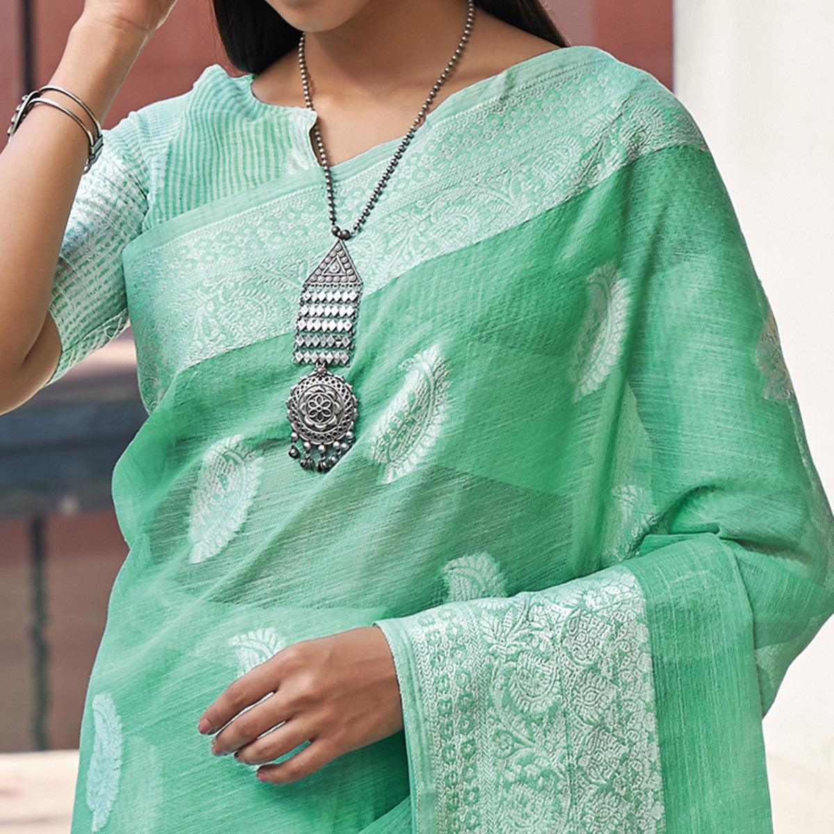 green-partywear-woven-linen-saree-127424