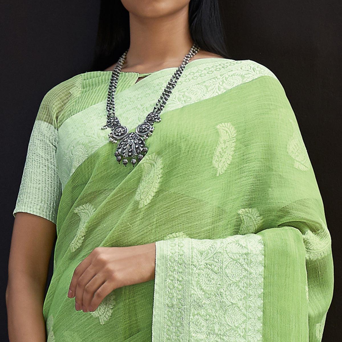 green-partywear-woven-linen-saree-127428