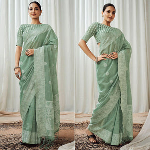green-partywear-woven-lucknowi-linen-saree-138053