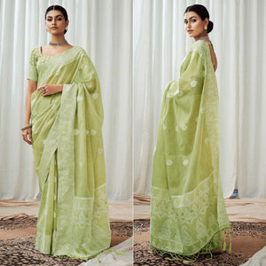 green-partywear-woven-lucknowi-linen-saree-138056
