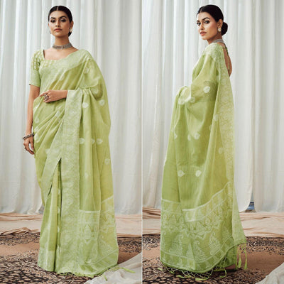 green-partywear-woven-lucknowi-linen-saree-138056