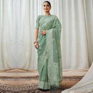 green-partywear-woven-lucknowi-linen-saree-138053