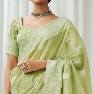 green-partywear-woven-lucknowi-linen-saree-138056