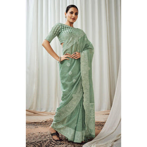 green-partywear-woven-lucknowi-linen-saree-138053
