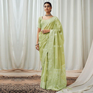 green-partywear-woven-lucknowi-linen-saree-138056