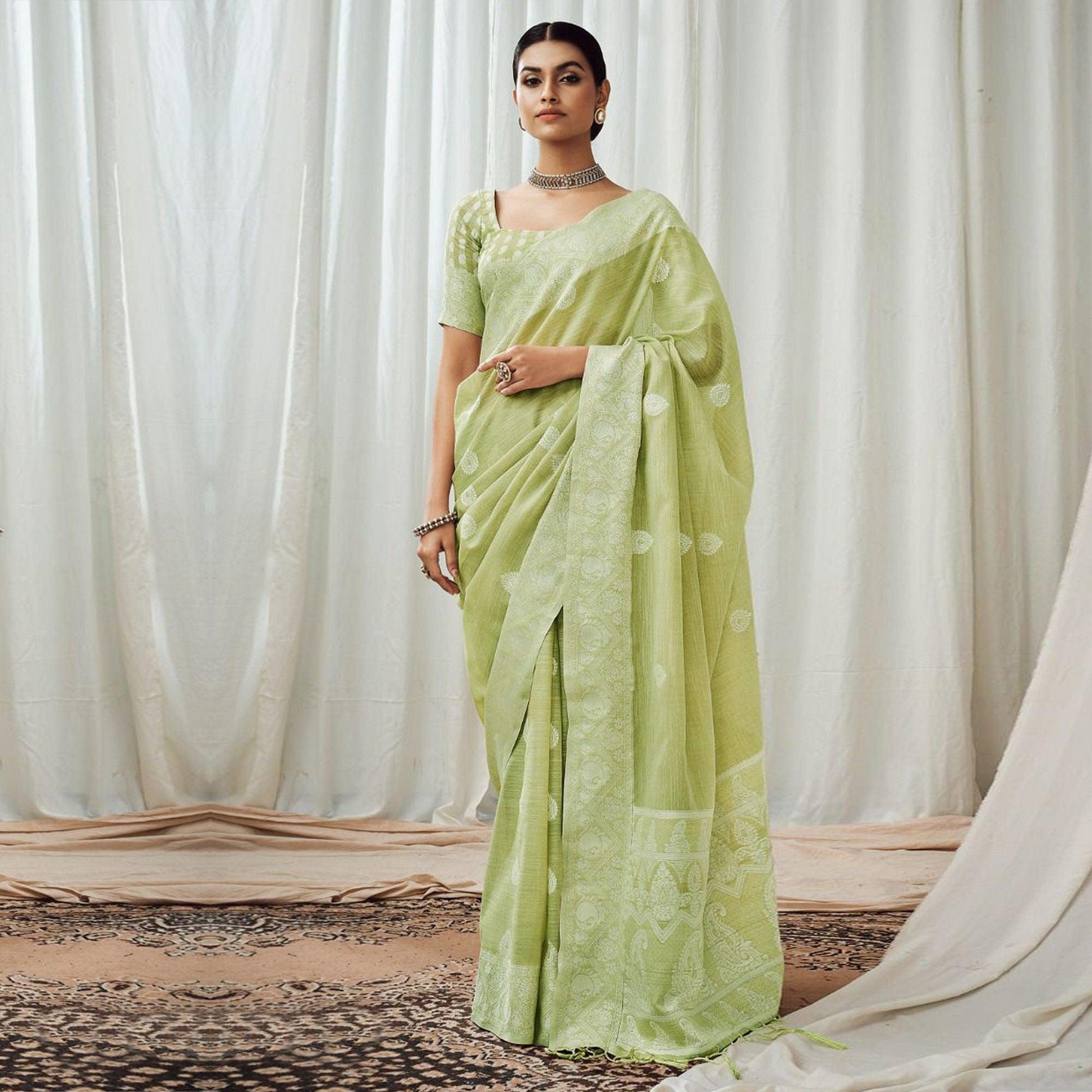 green-partywear-woven-lucknowi-linen-saree-138056