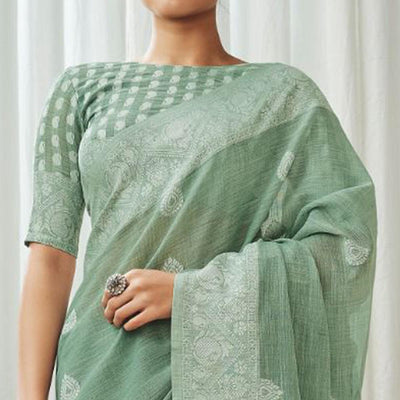 green-partywear-woven-lucknowi-linen-saree-138053