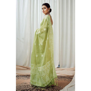 green-partywear-woven-lucknowi-linen-saree-138056