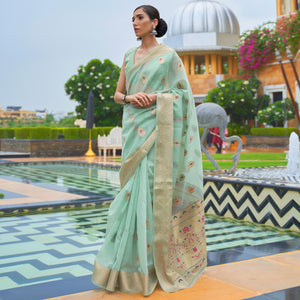 green-partywear-woven-pure-linen-saree-127411