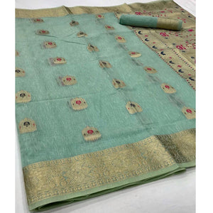 green-partywear-woven-pure-linen-saree-127411