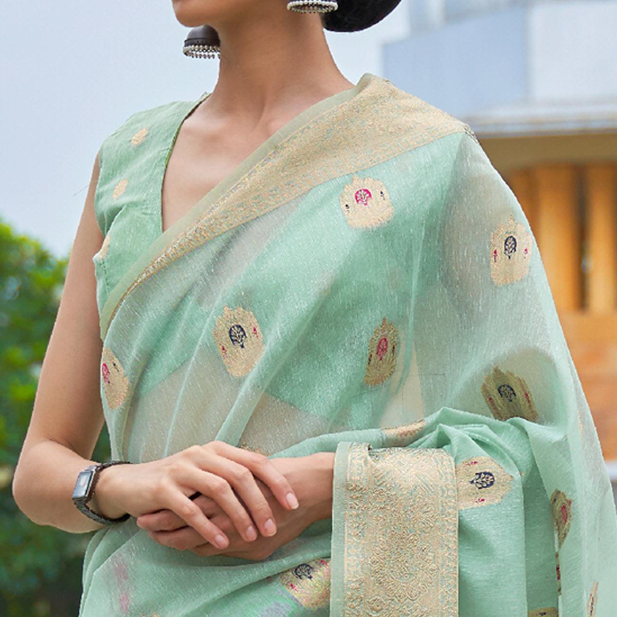 green-partywear-woven-pure-linen-saree-127411