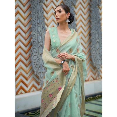 green-partywear-woven-pure-linen-saree-127411