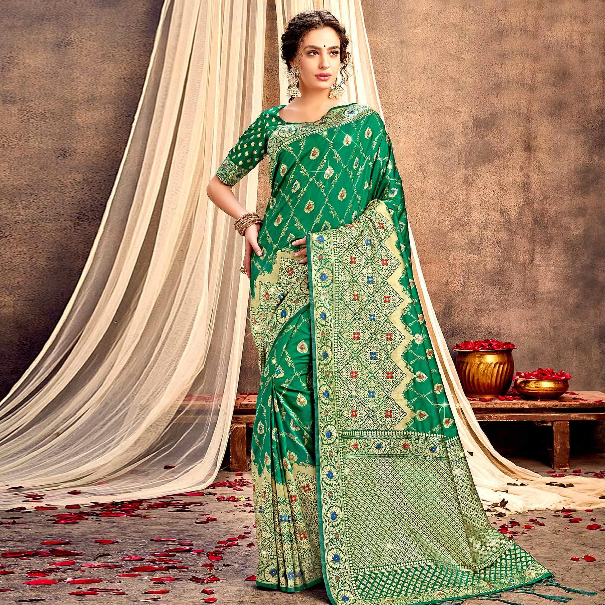 green-partywear-woven-with-zaalar-hand-stone-work-banarasi-silk-saree-111931