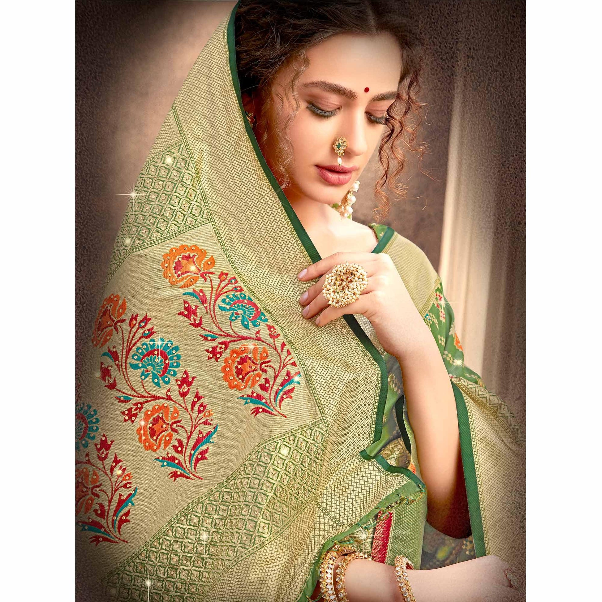 green-partywear-woven-with-zaalar-hand-stone-work-banarasi-silk-saree-111928
