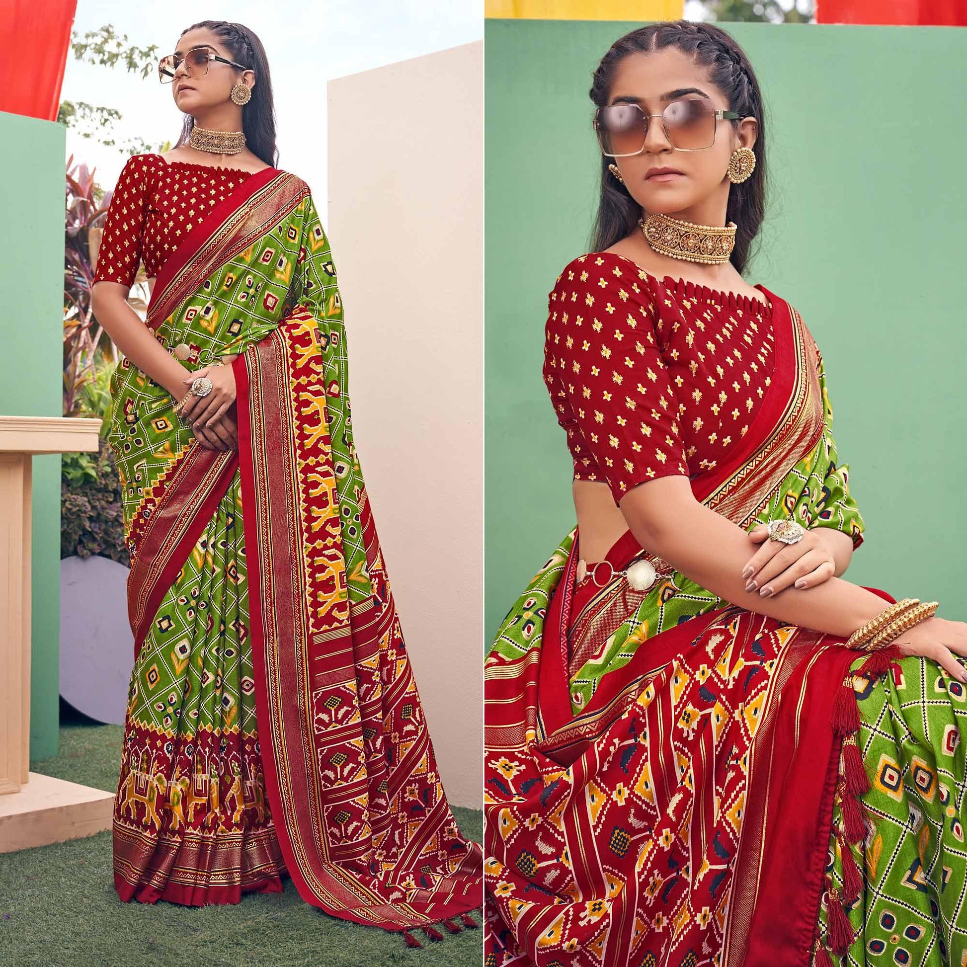 green-patola-printed-silk-saree-with-tassels-145577