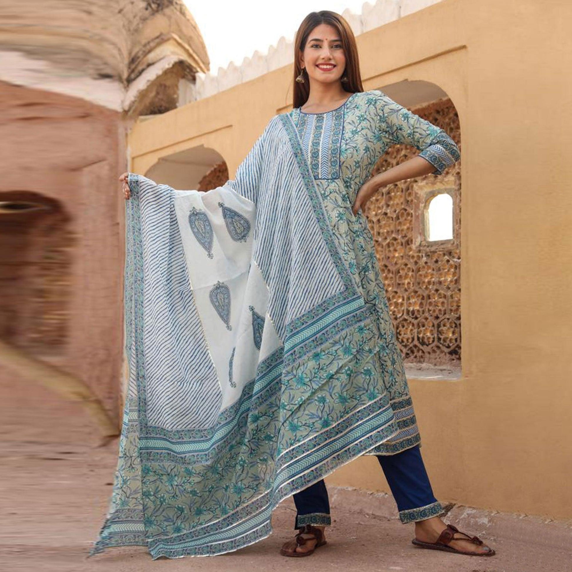 green-patywear-floral-printed-with-handwork-cotton-anarkali-suit-126427