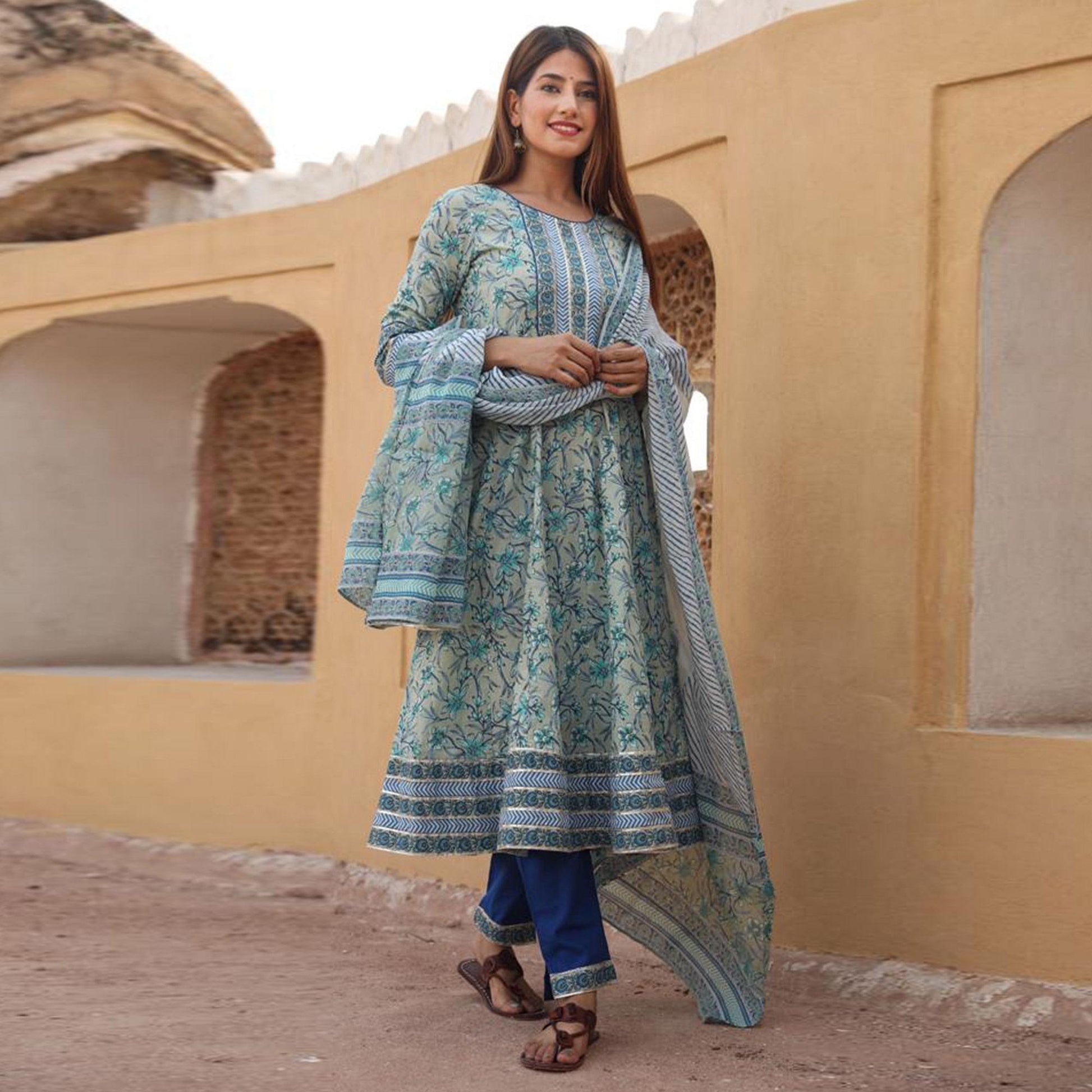 green-patywear-floral-printed-with-handwork-cotton-anarkali-suit-126427