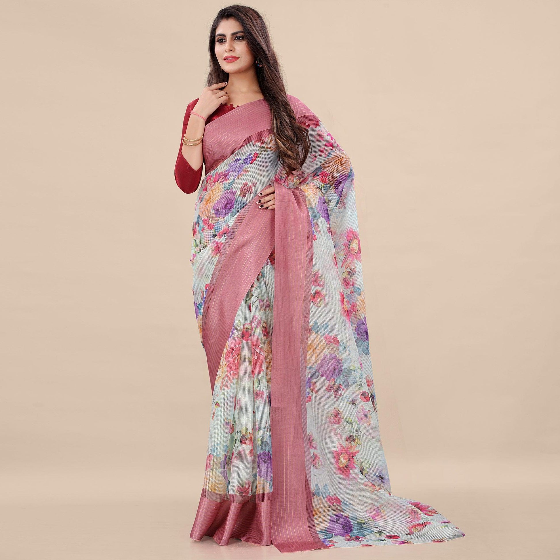 green-peach-casual-wear-floral-digital-printed-kota-doria-saree-with-woven-border-118584