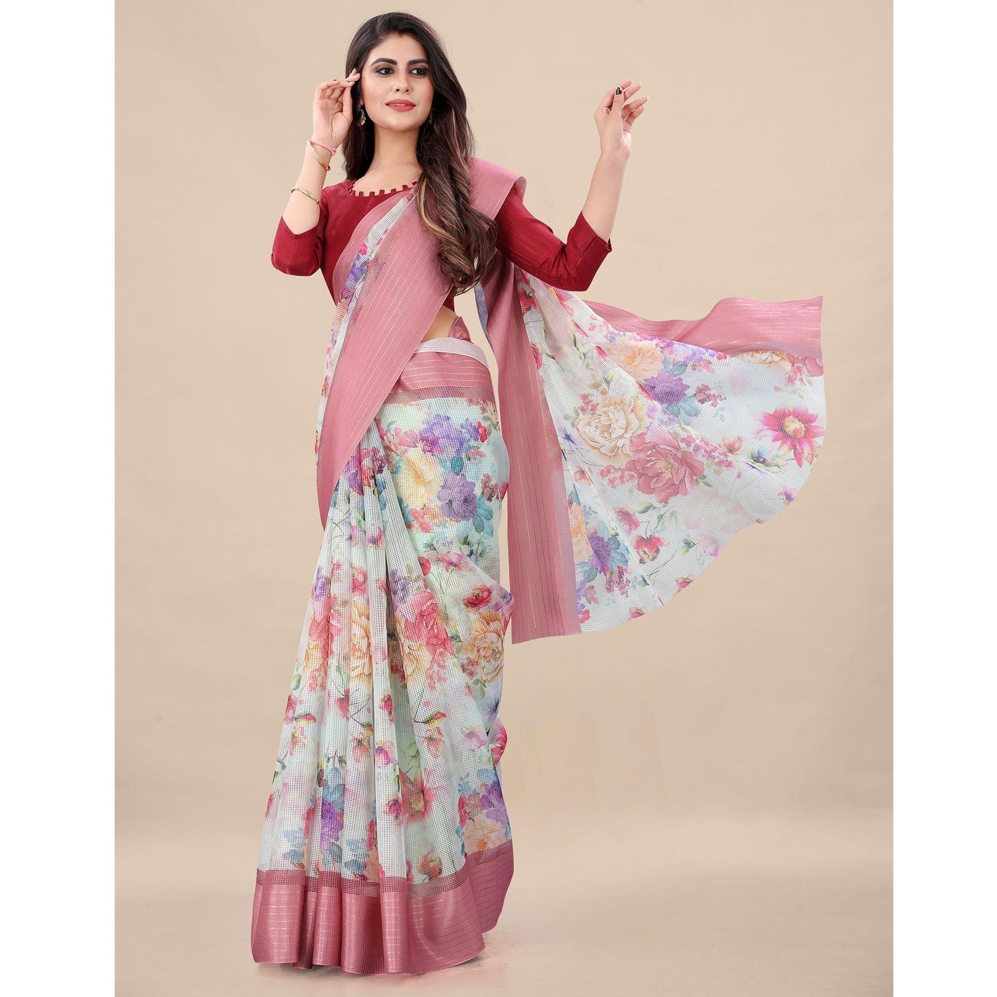 green-peach-casual-wear-floral-digital-printed-kota-doria-saree-with-woven-border-118584