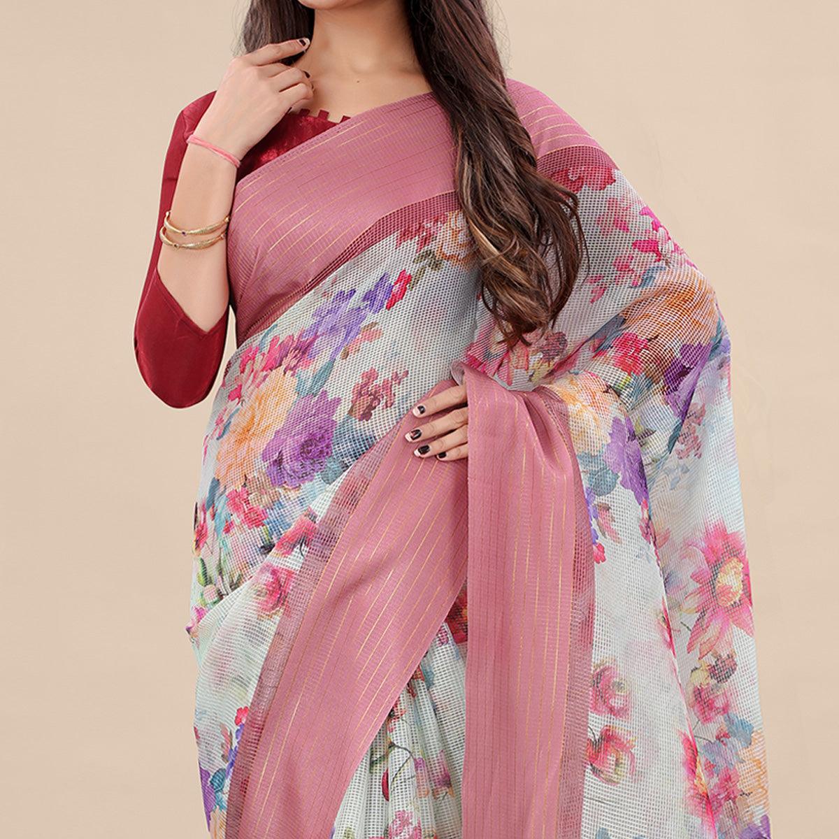 green-peach-casual-wear-floral-digital-printed-kota-doria-saree-with-woven-border-118584