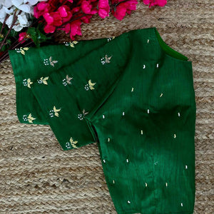 Green Pearl-Embellished german silk Blouse with Handcrafted Golden Work