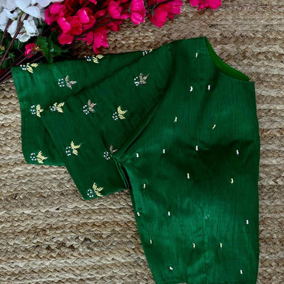 Green Pearl-Embellished german silk Blouse with Handcrafted Golden Work