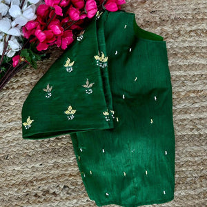 Green Pearl-Embellished german silk Blouse with Handcrafted Golden Work
