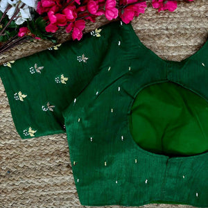 Green Pearl-Embellished german silk Blouse with Handcrafted Golden Work