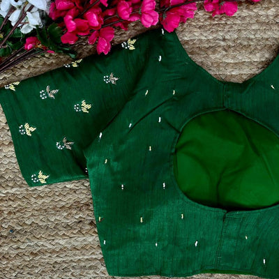 Green Pearl-Embellished german silk Blouse with Handcrafted Golden Work